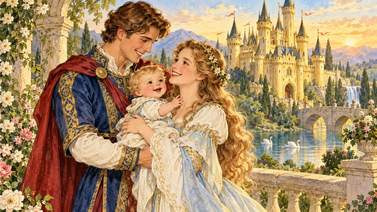 Jack is joyfully reunited with his young wife and their baby son before the golden castle.
