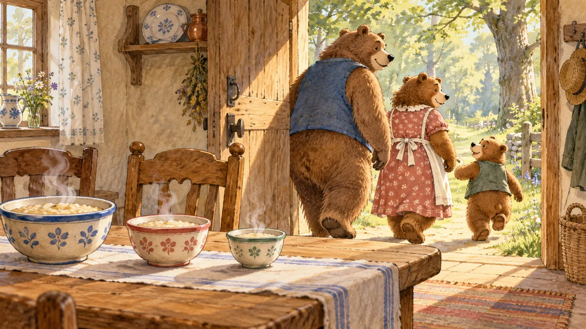 The three friendly bears leave their porridge to cool and stroll out into a sunny wood.