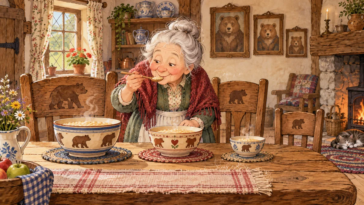 A curious little old woman tastes the porridge from three bowls in the bears' tidy cottage.