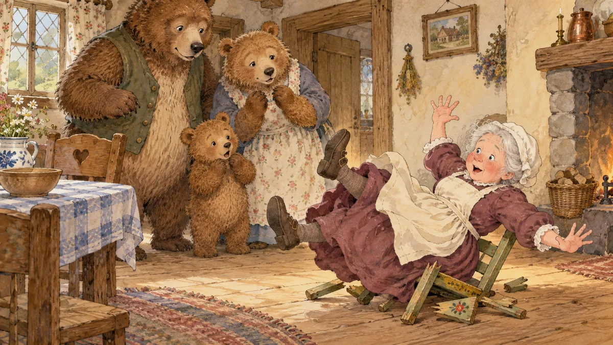 The little old woman tumbles to the floor as the wee bear's little chair breaks beneath her.