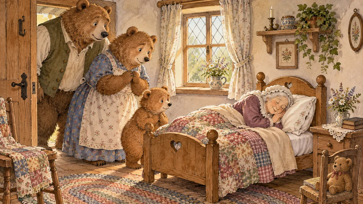 The little old woman sleeps soundly in the smallest bear's cosy little bed.