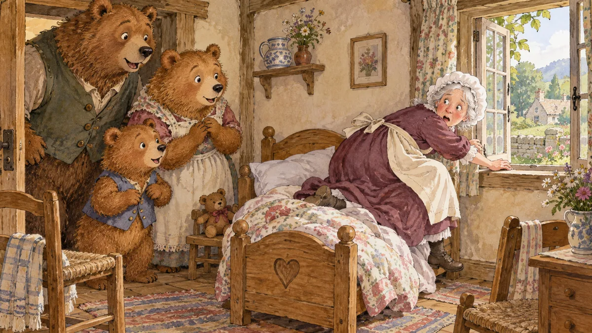 The three bears find the startled old woman, who scrambles from the little bed toward the open window.