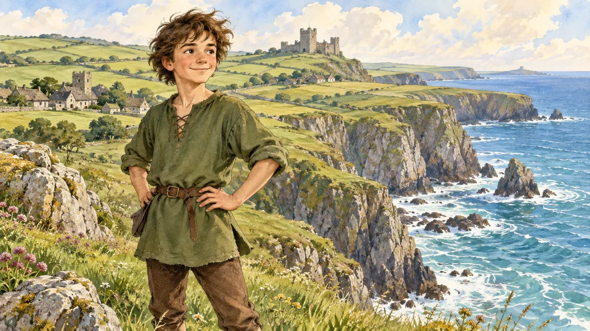Jack, a cheerful young farmer's son, stands on the green Cornish cliffs above the sea.