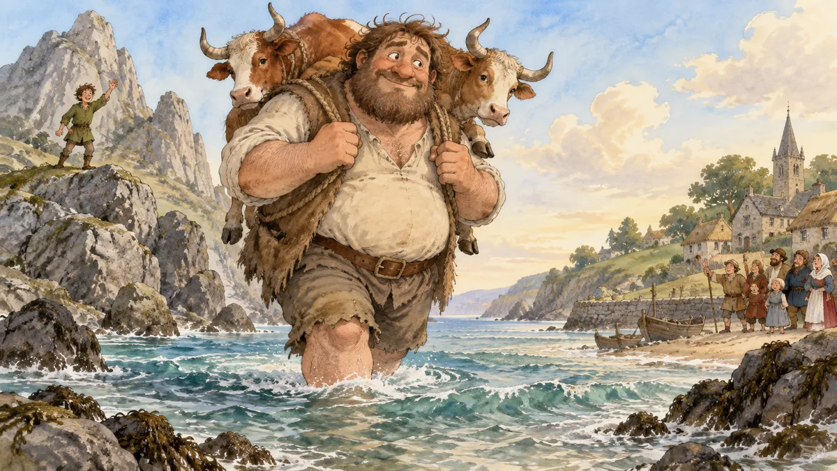 The comical giant Cormoran wades ashore from his mount with oxen on his back.