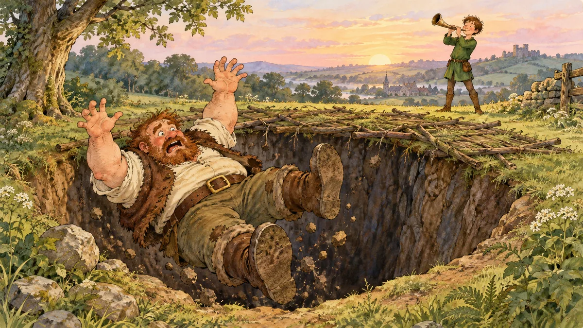 At dawn Jack blows his horn as the comic giant tumbles into the covered pit.