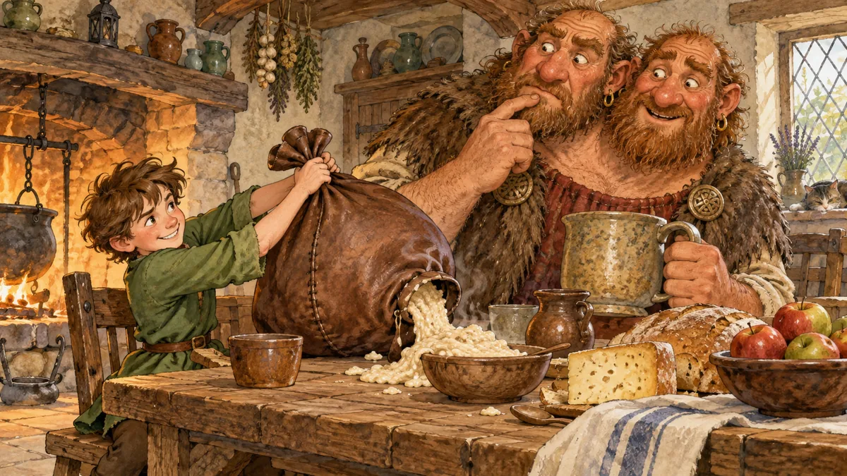 Jack tricks the puzzled two-headed Welsh giant with a bag of hasty pudding at breakfast.