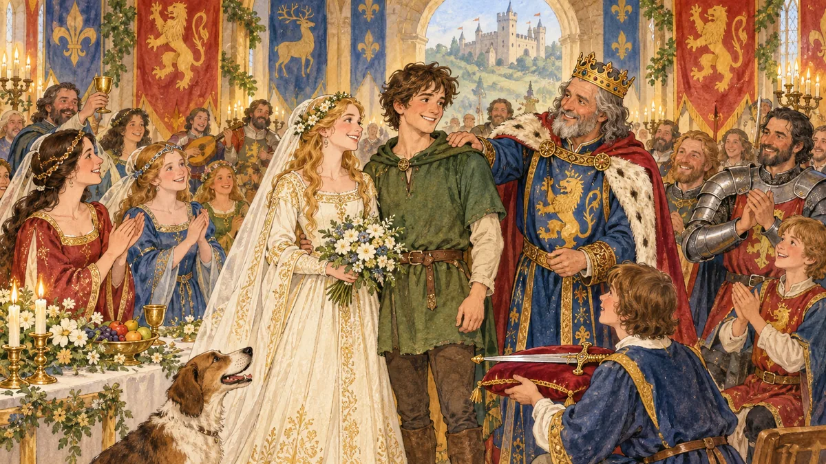 Jack is honoured at a joyful wedding feast in King Arthur's court.