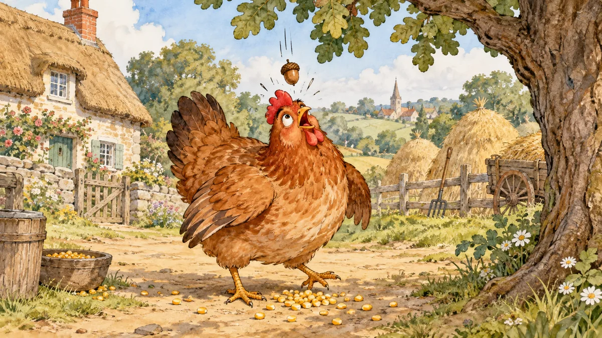 Henny-penny the hen is startled when an acorn drops on her head in the farmyard.