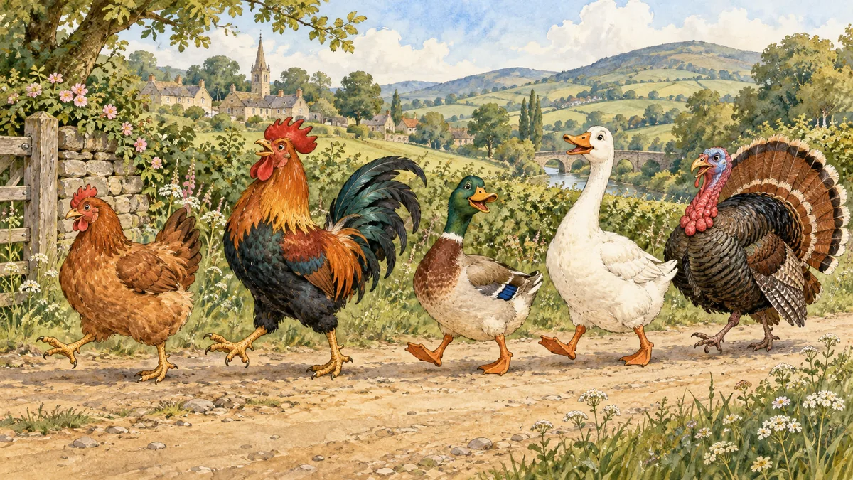 The hen, cockerel, duck, goose and turkey march earnestly down a country lane.