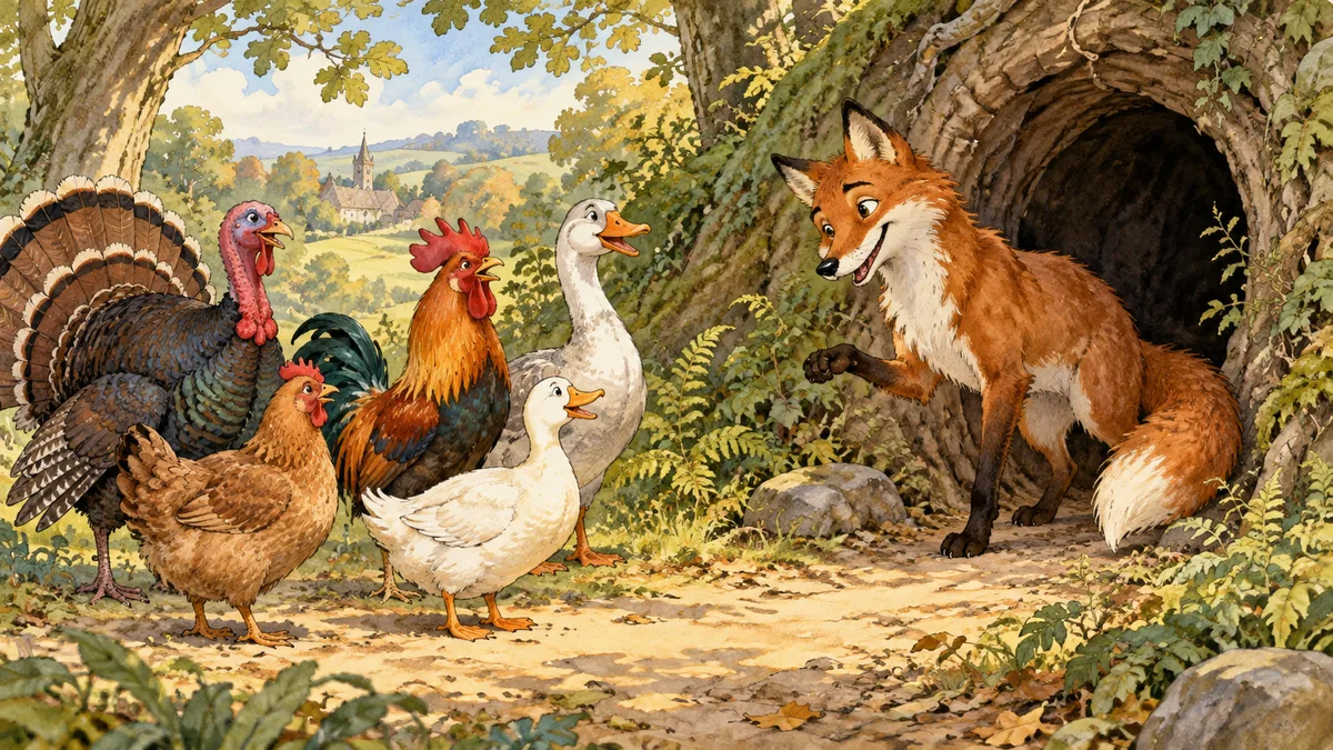 A comical sly fox greets the five birds by the entrance of his den.