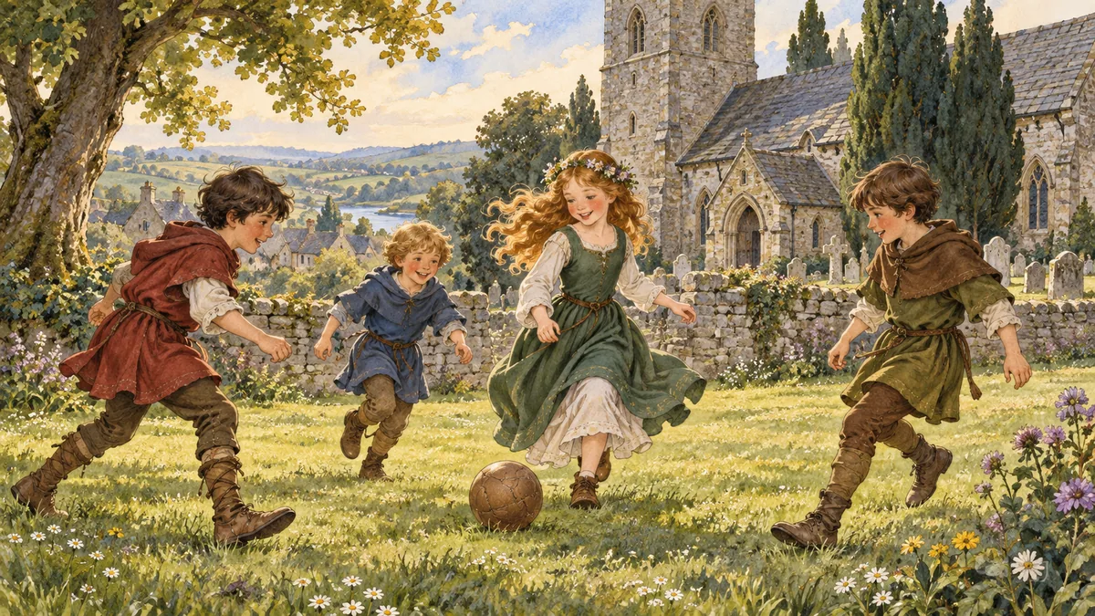 Three brothers and their sister Burd Ellen play ball on the green by an old church.