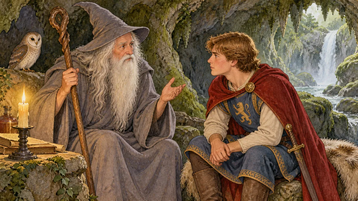The old wizard Merlin counsels a determined young prince in his mossy cave.