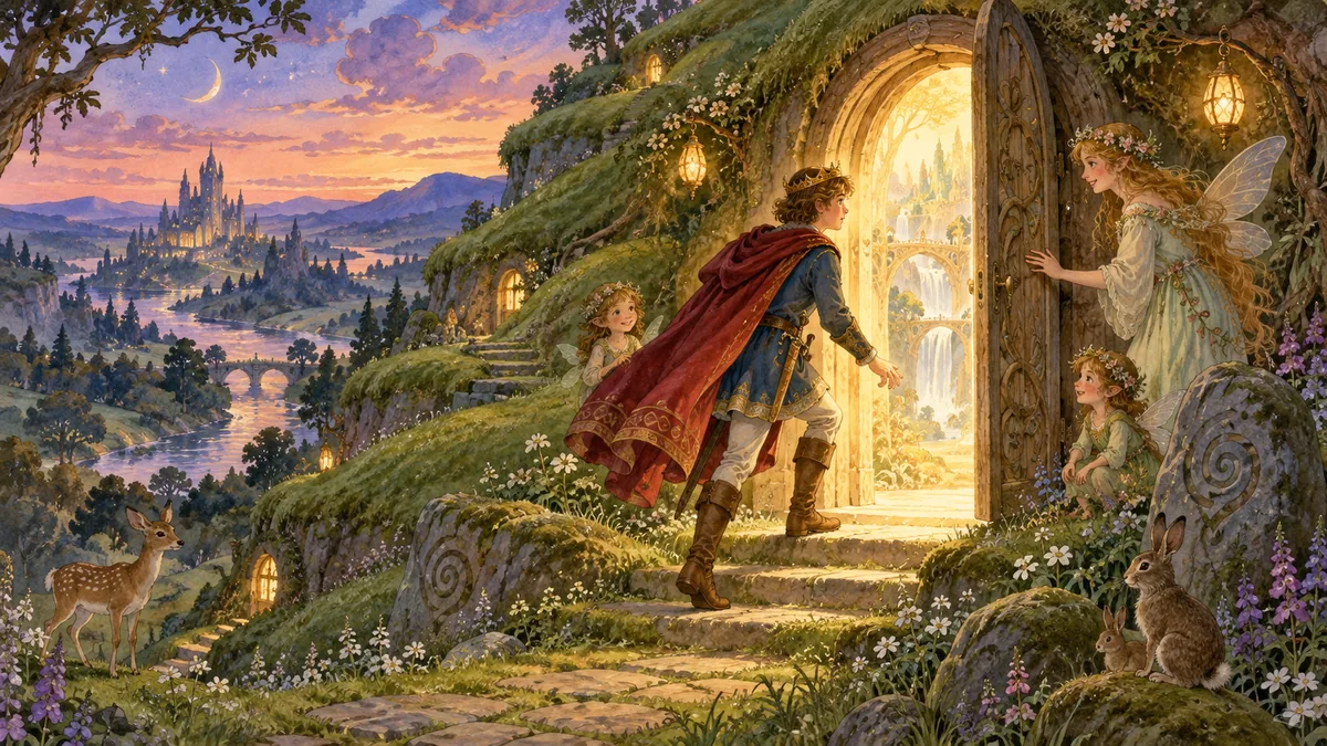 The young prince steps through a magic door into the green fairy hill.
