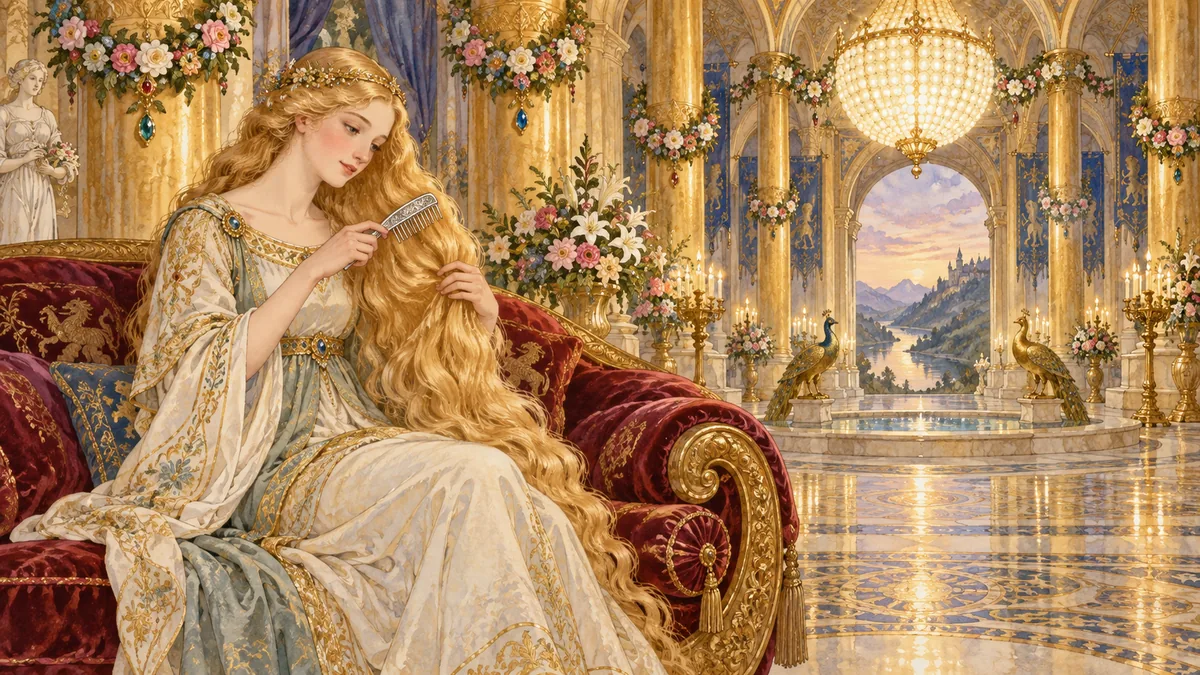 Burd Ellen combs her golden hair on a couch in a glorious jewelled hall.