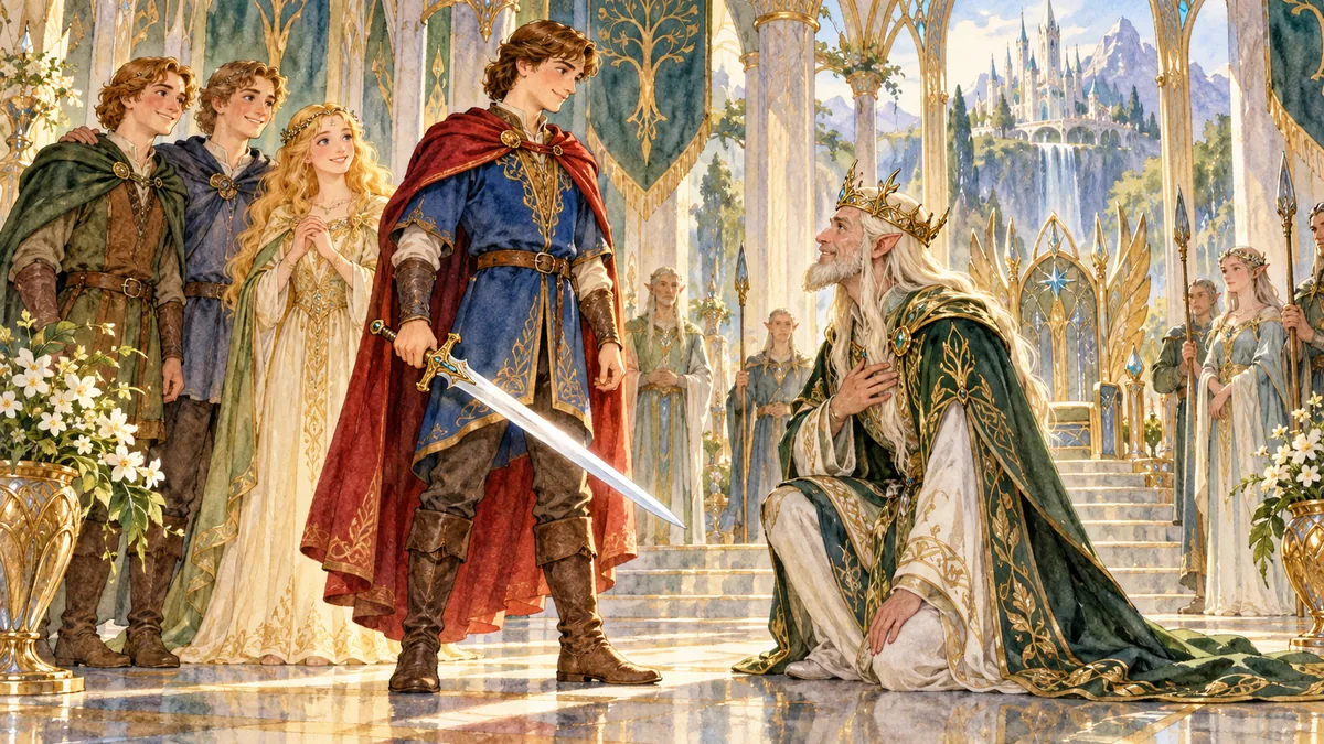 The prince wins as the comic Elfland king yields and the family is reunited.