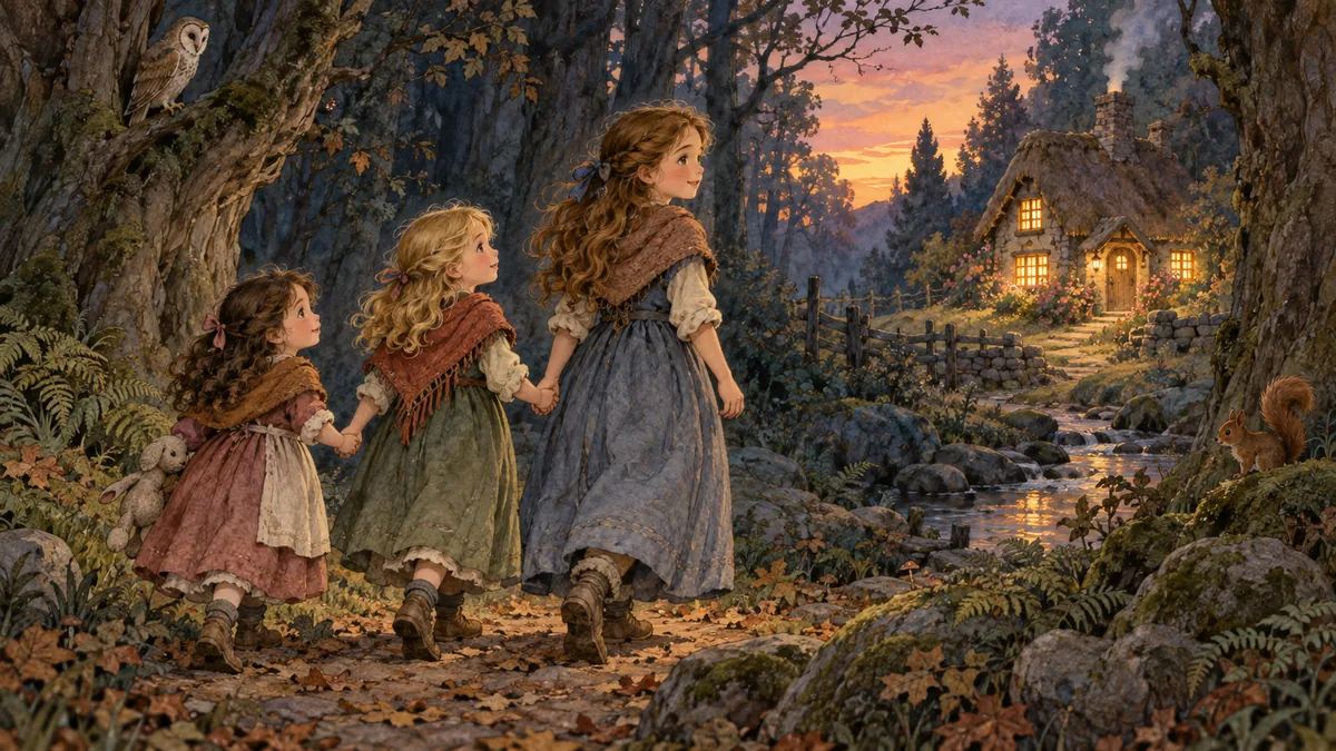 Three lost little sisters spy the warm light of a cottage in the dark wood.
