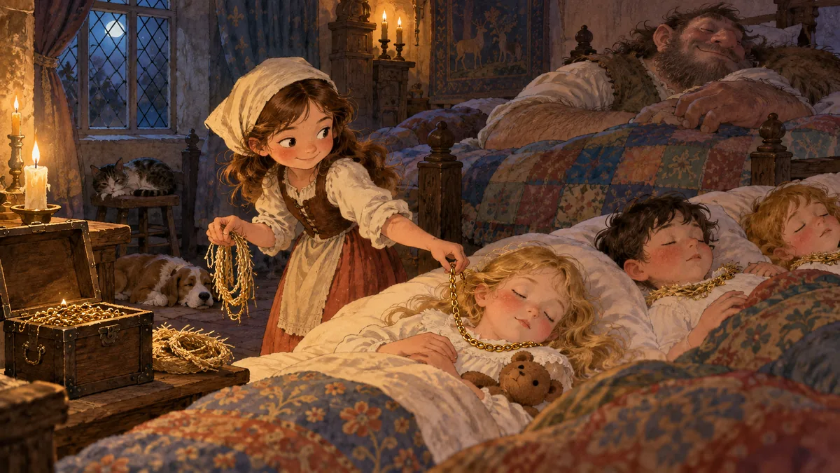 Clever Molly Whuppie swaps the straw ropes for gold chains as everyone sleeps.