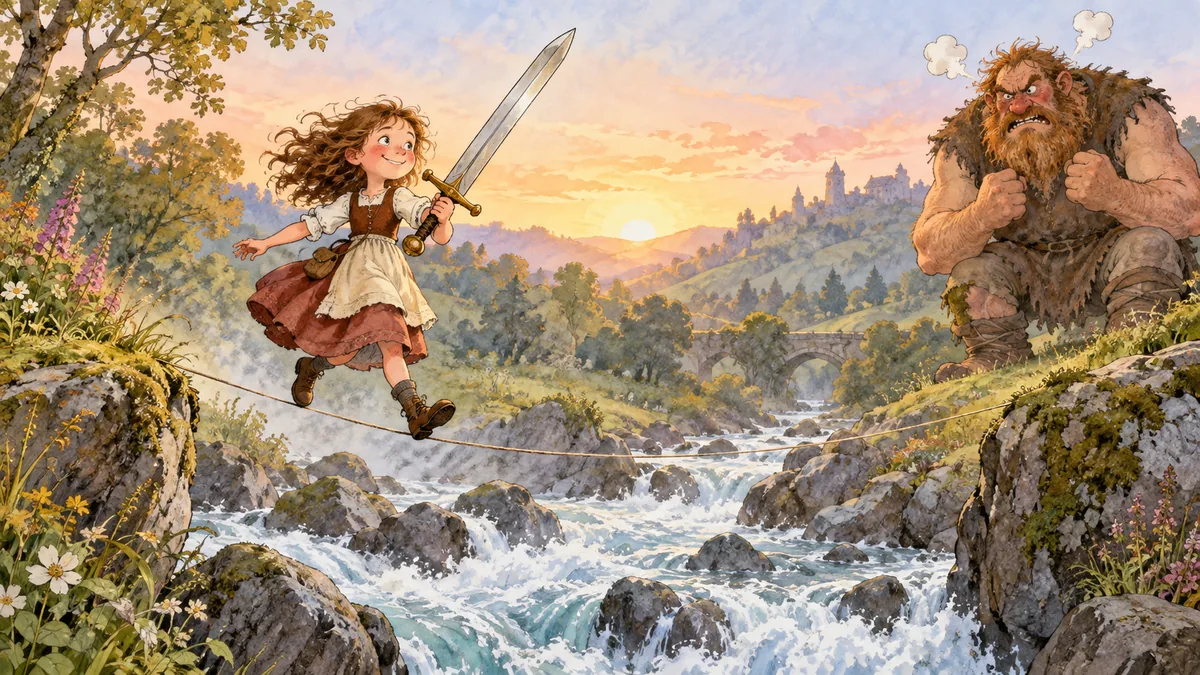Molly races over the Bridge of one hair with the sword as the giant fumes behind.