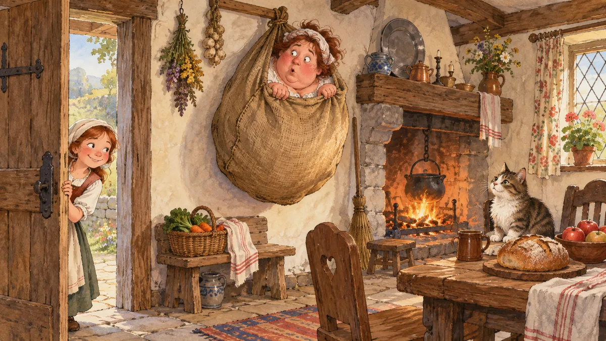 Molly hides behind the door after tricking the giant wife into the sack.