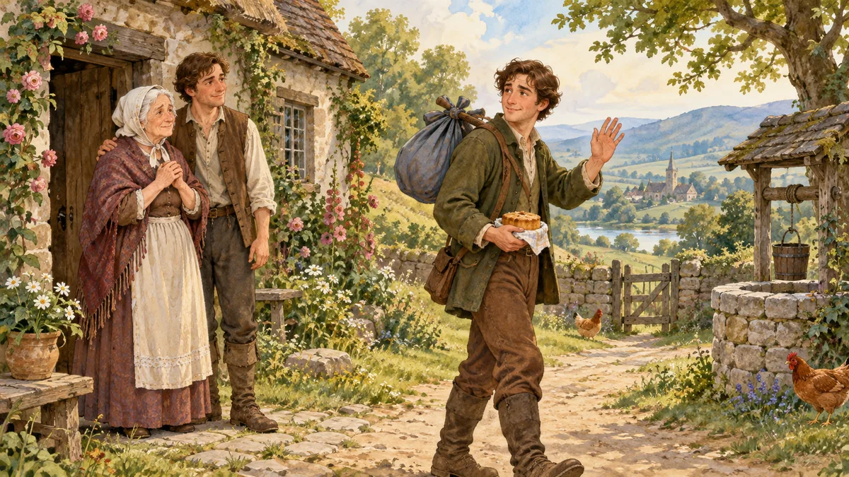 A widow bids farewell to her son as he sets off with a small cake and a bundle.