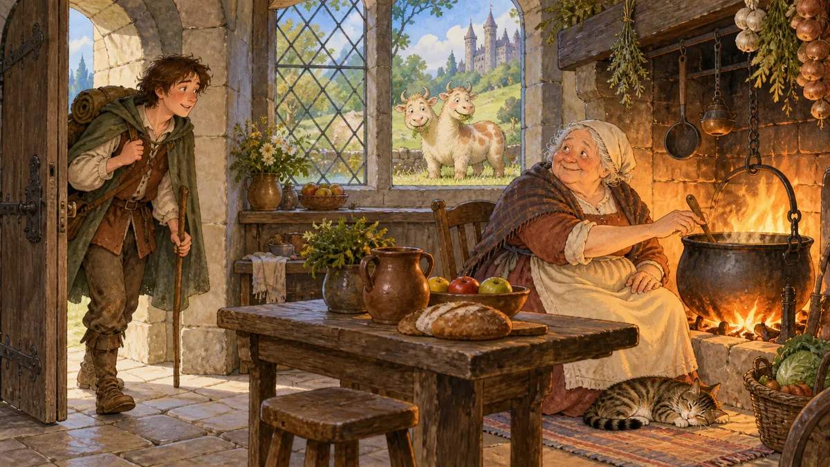 A young traveller reaches a castle kitchen while comic two-headed beasts graze outside.