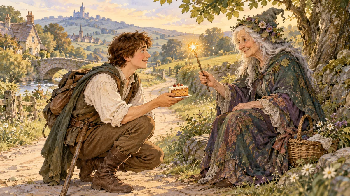 The kind traveller shares his cake and the old fairy gives him a magic wand.
