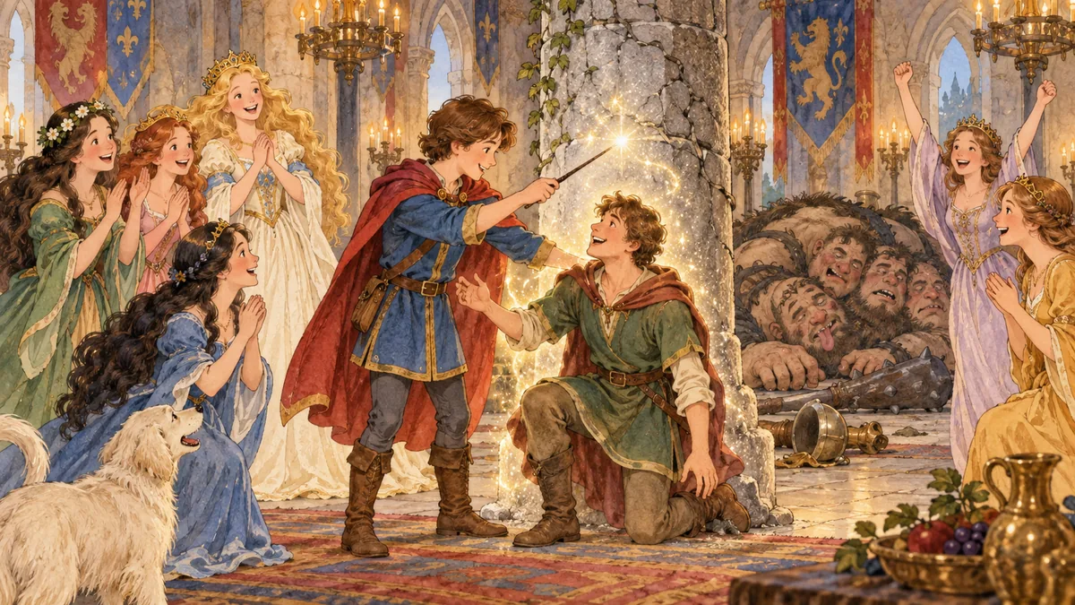 The young hero frees his stone-turned brother and the captive ladies rejoice.
