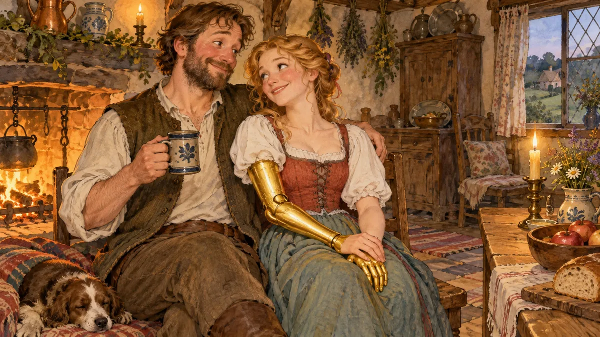 A man stands proudly with his wife, whose right arm is made of solid gold.