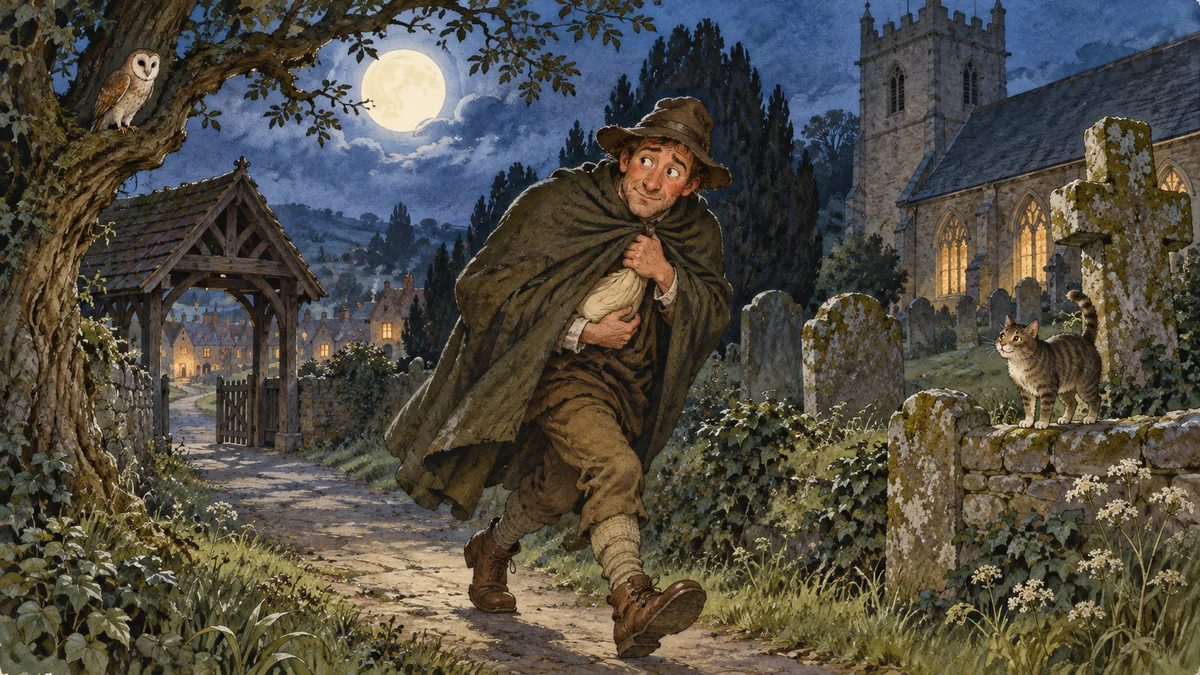 The man hurries home through a moonlit churchyard, something hidden under his cloak.