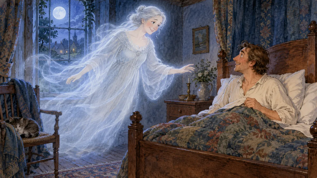 The gentle ghost of his wife glides into the moonlit bedroom toward him.