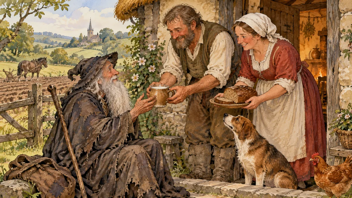 Merlin, disguised as a beggar, is welcomed with milk and bread by a ploughman and his wife.