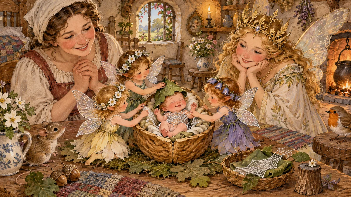 Fairies dress the thumb-sized baby Tom Thumb in an oak-leaf hat and spiderweb shirt.
