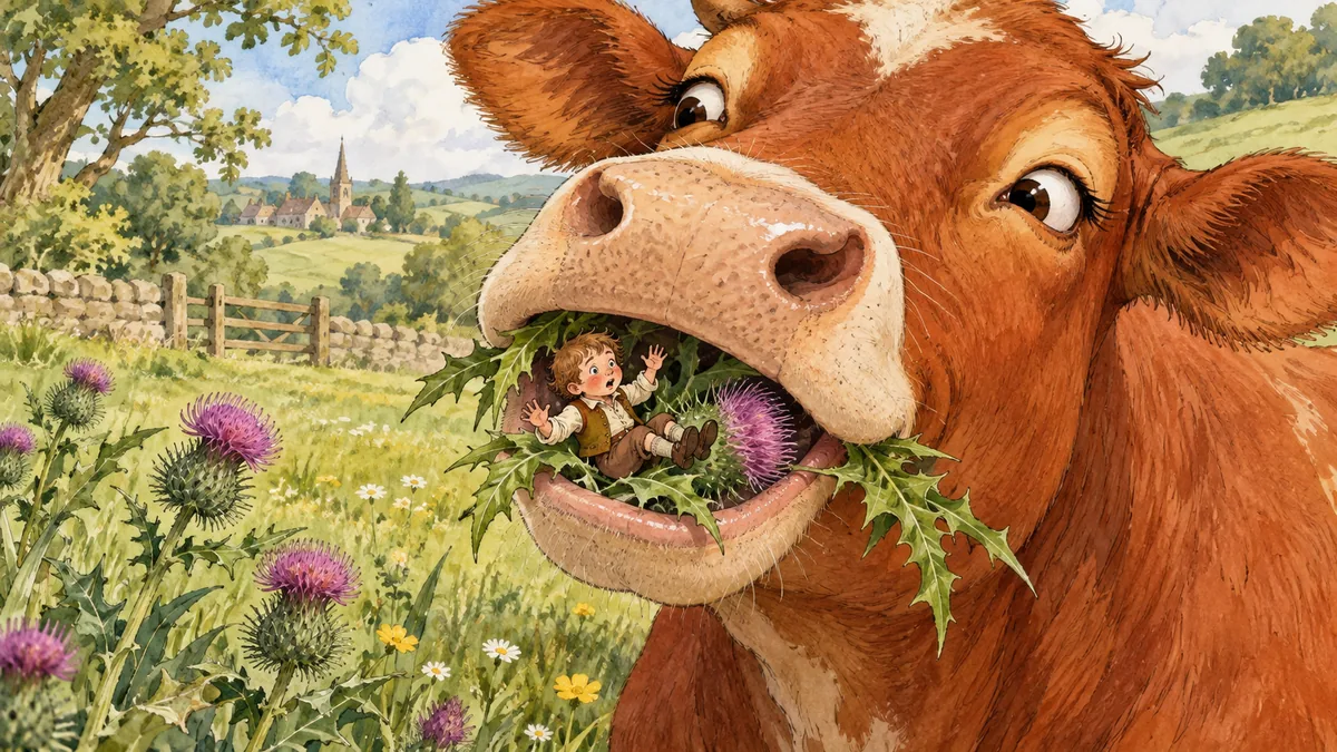 Tiny Tom Thumb sits startled on a thistle inside the gentle red cow's mouth.