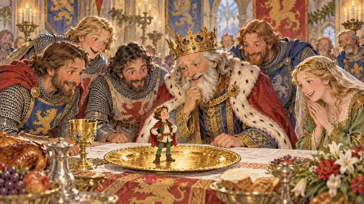 Tiny Tom Thumb is presented on a golden plate to the amazed court of King Arthur.