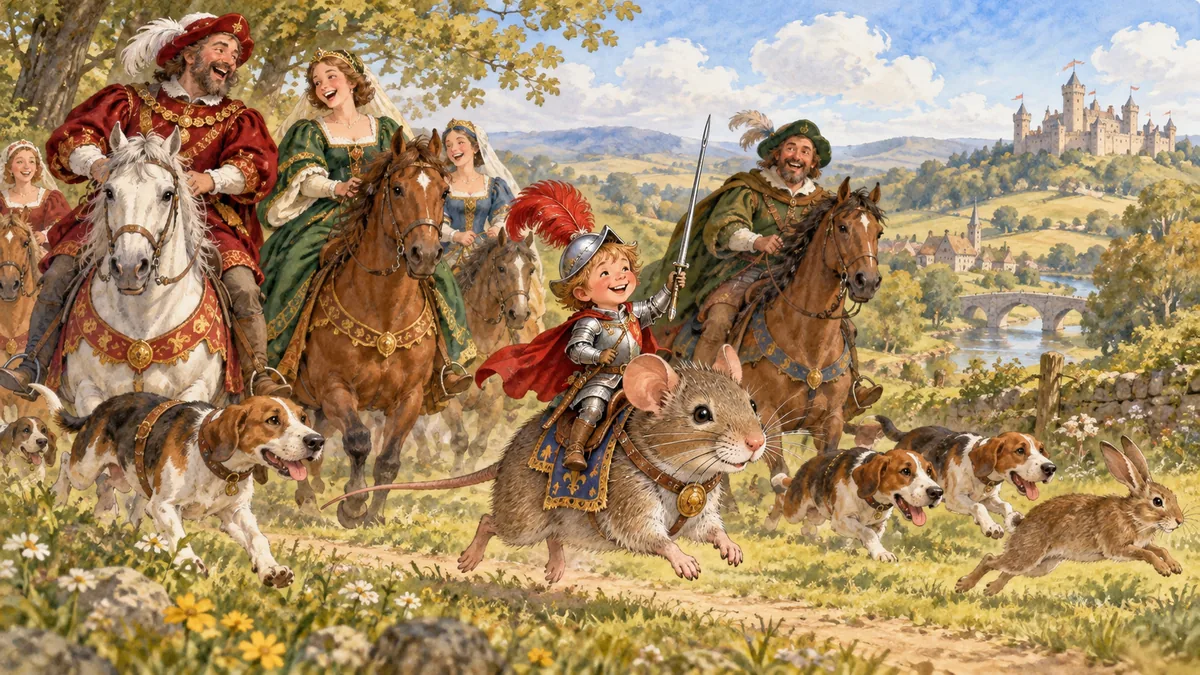 Tom Thumb, dressed as a knight, rides a mouse on a merry hunt with the court.