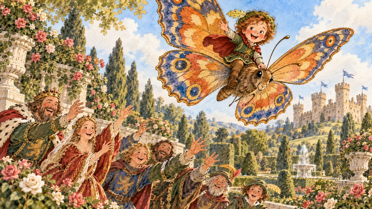 The tiny boy floats astride a colourful butterfly while courtiers below reach up to catch him.