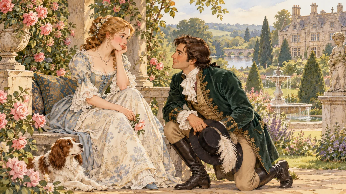 Lady Mary and the gallant Mr. Fox court in the garden of a grand country house.