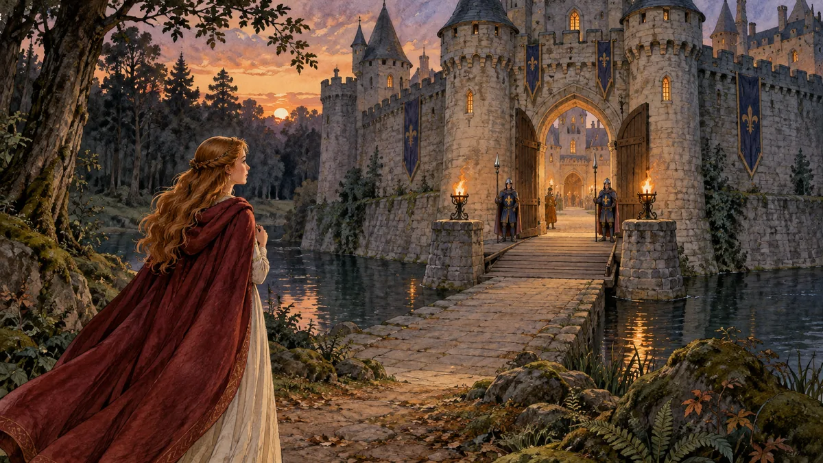 Lady Mary approaches Mr. Fox's strong moated castle in the dark woods.