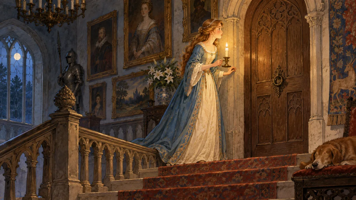 Lady Mary pauses with a candle before a mysterious door at the top of the stairs.