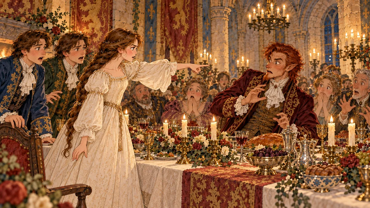 The young lady stands and points at the startled gentleman as her two brothers rise from the table.
