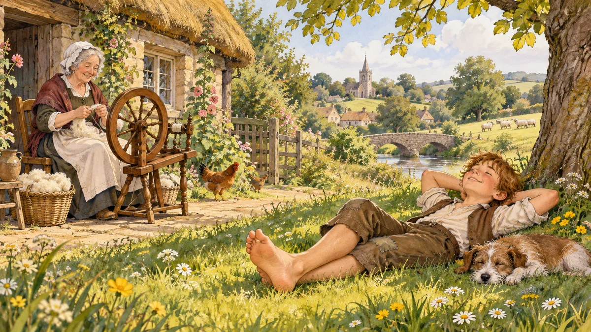 Lazy Jack basks in the sun while his old mother works at her spinning wheel.