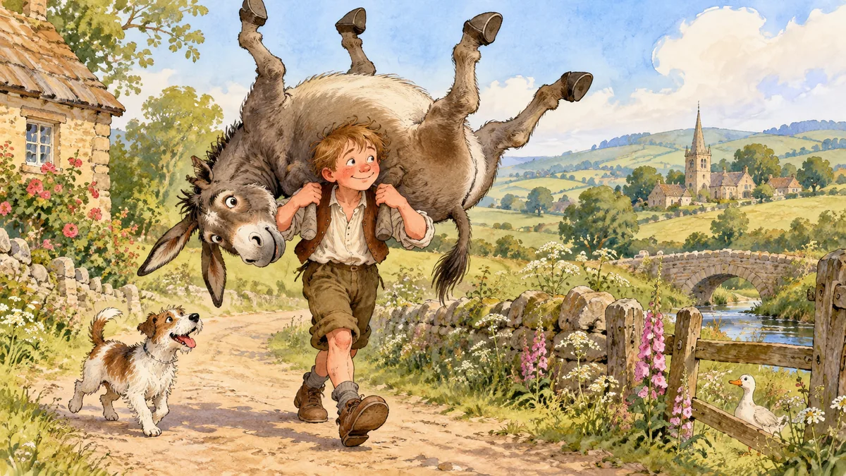 Lazy Jack lugs a patient donkey across his shoulders with its legs waving in the air.