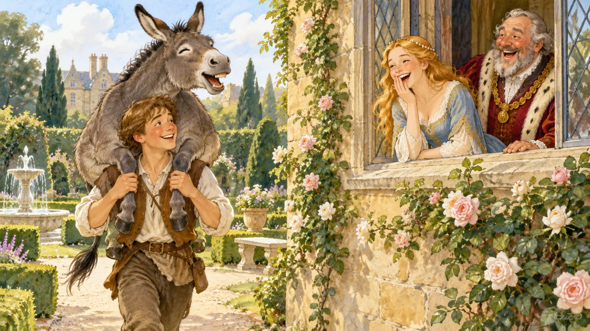 A young lady at her window laughs with delight at Jack carrying the donkey.