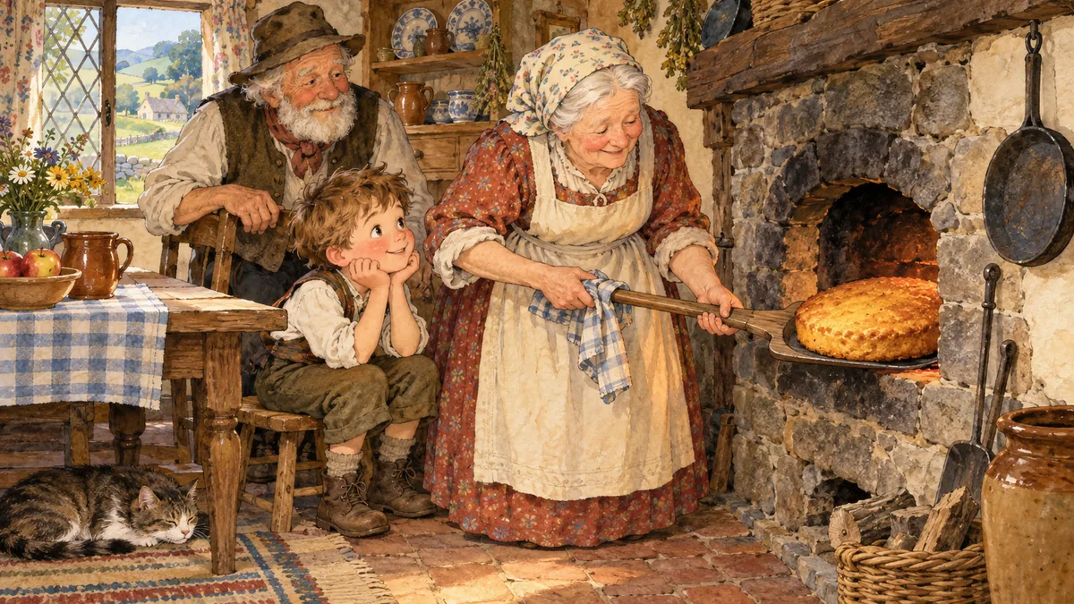 An old woman by a stone cottage oven sliding out a round golden Johnny-cake, a little boy and an old man watching in a cosy rustic kitchen.