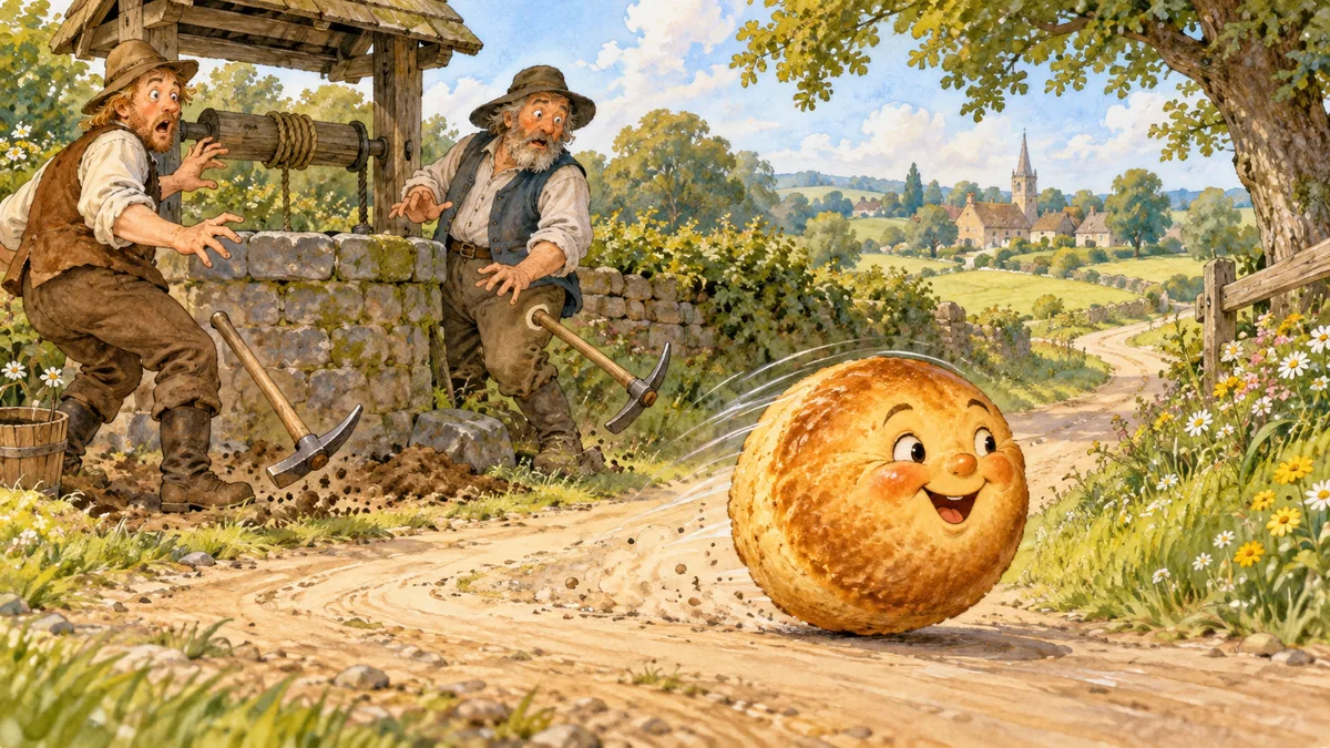 A cheerful round Johnny-cake with a little face rolling fast down a country road past two surprised well-diggers who drop their picks.