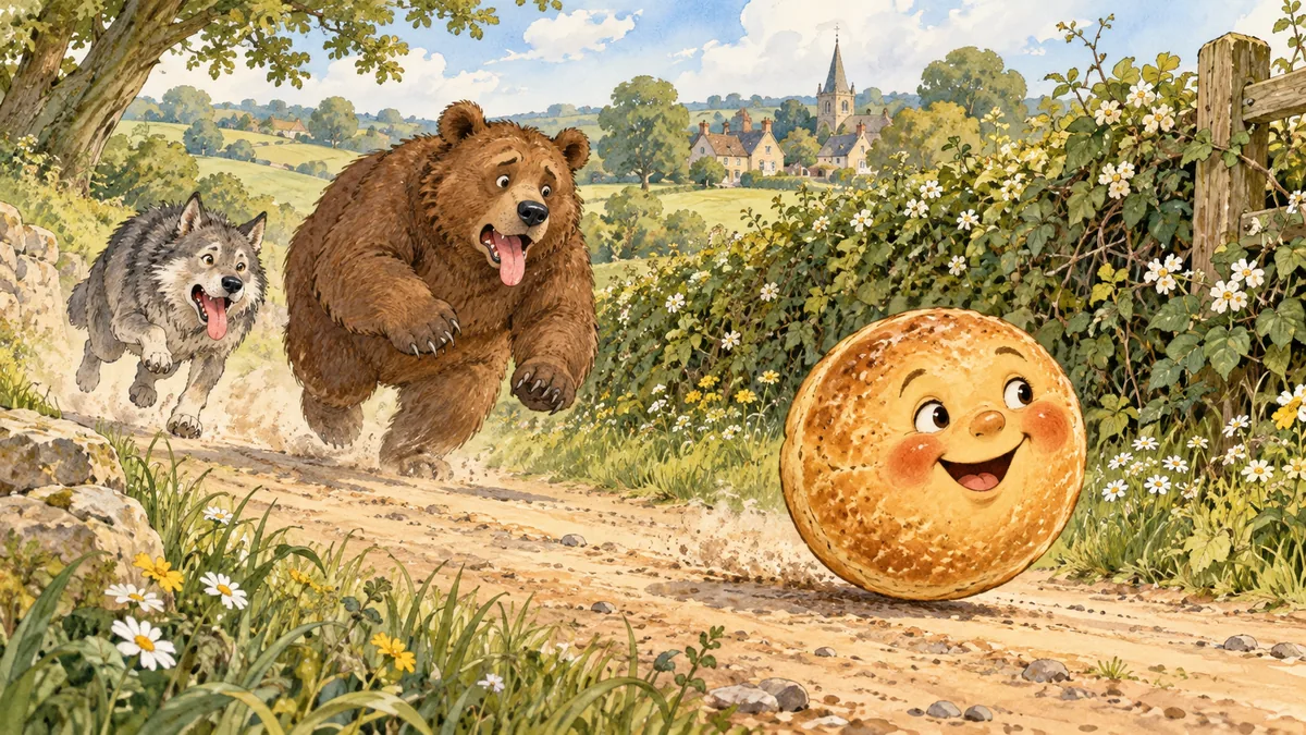 The rolling Johnny-cake dashing along a hedgerow while a chubby brown bear and a grey wolf pant far behind, unable to catch up.