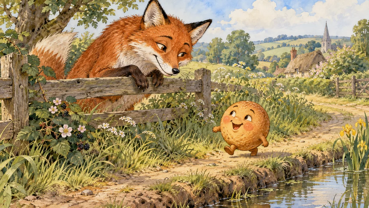 A sly but friendly fox by a wooden fence leaning close to the little Johnny-cake beside a country ditch.