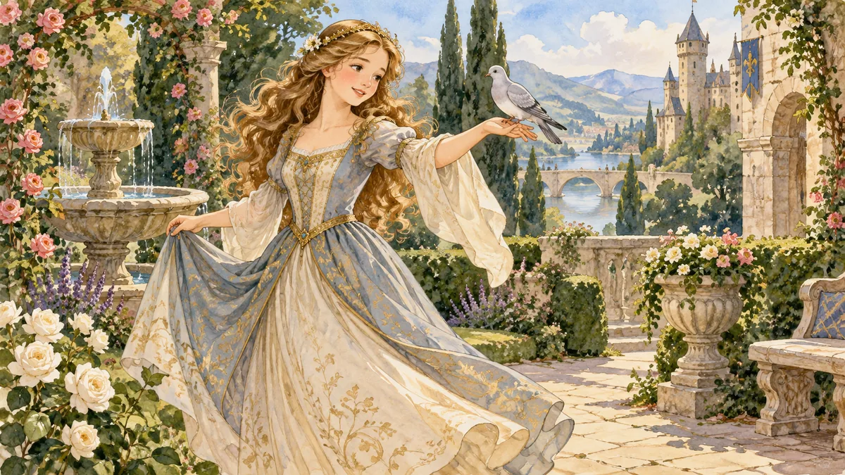 A young noble maiden dancing in a lush castle garden with a soft grey dove perched on her hand.