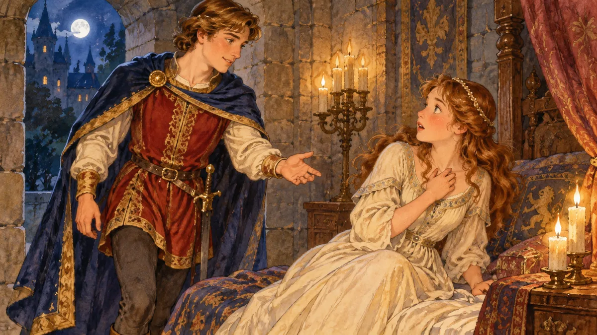 A handsome young prince appearing beside a startled maiden in a candlelit stone castle chamber at night.