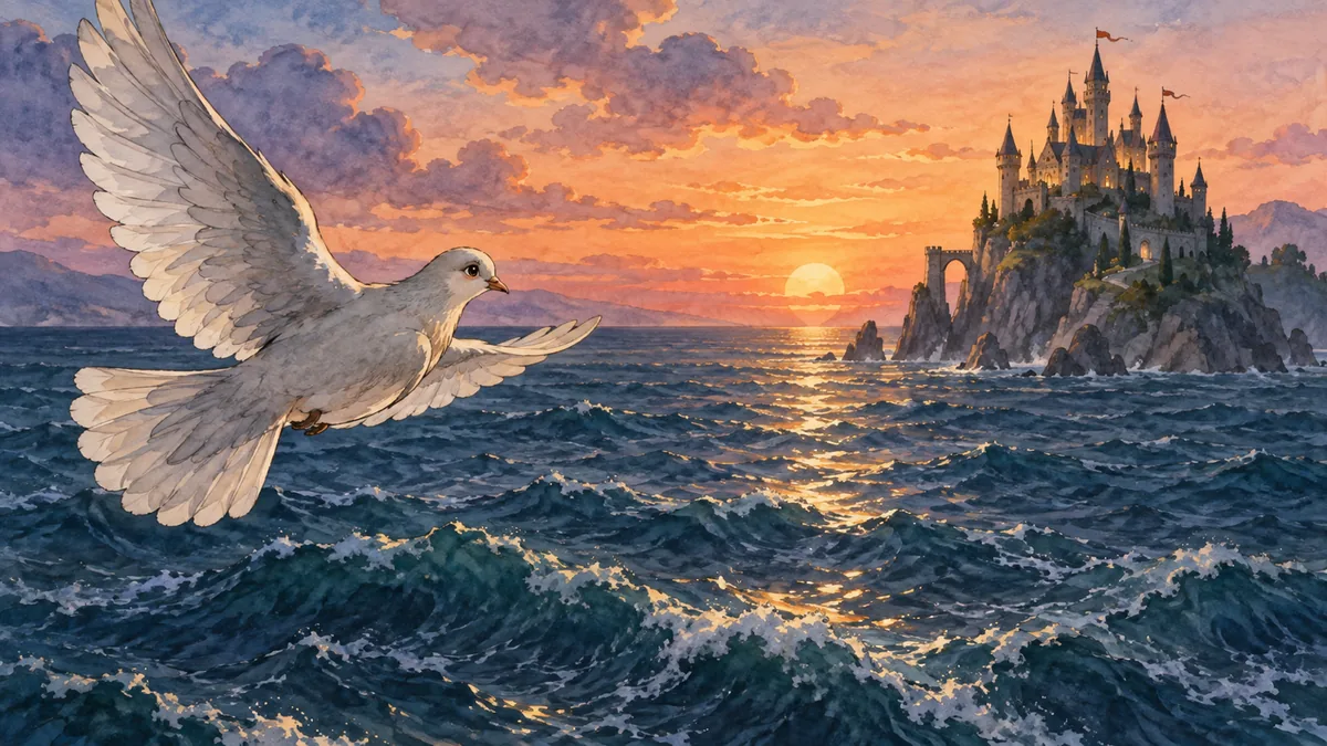 A grey dove flying across a vast deep sea toward a distant castle at dusk.